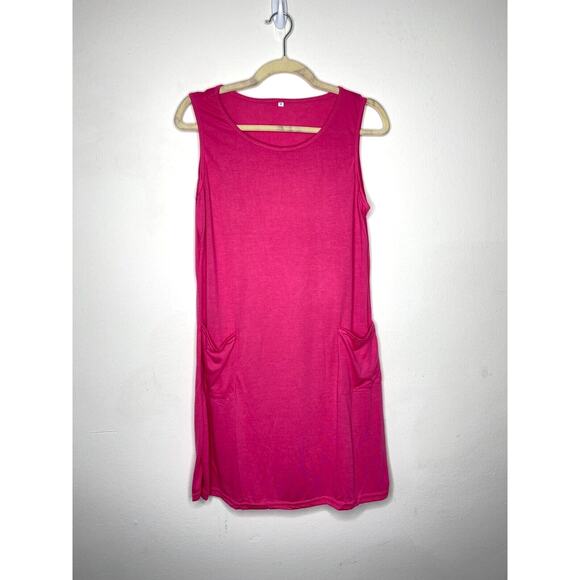 Sleeveless Hot Pink Stretch Knit Tank Mini Dress Scoop Neck Front Patch Pocket M - Picture 3 of 9
